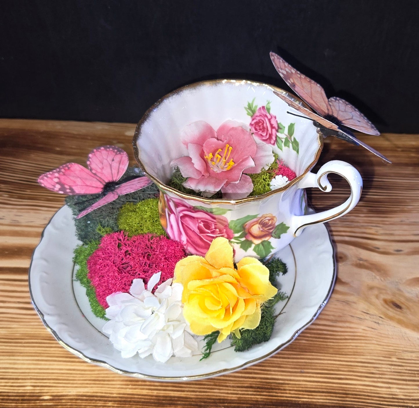 Teacups and Roses Art Display - Vintage Oddity Decor | Romantic Curiosity Piece
