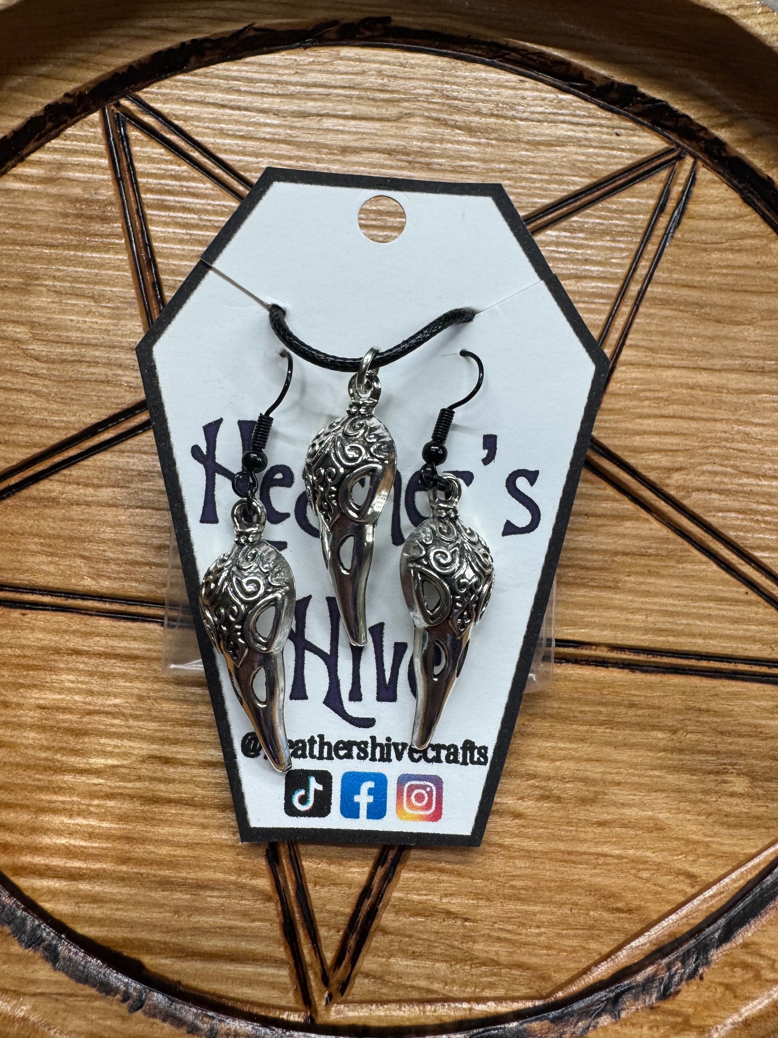 Raven skull necklace/earring combo-metal