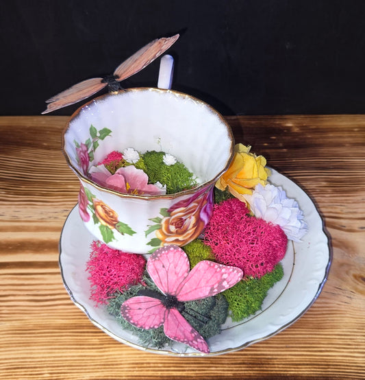 Teacups and Roses Art Display - Vintage Oddity Decor | Romantic Curiosity Piece